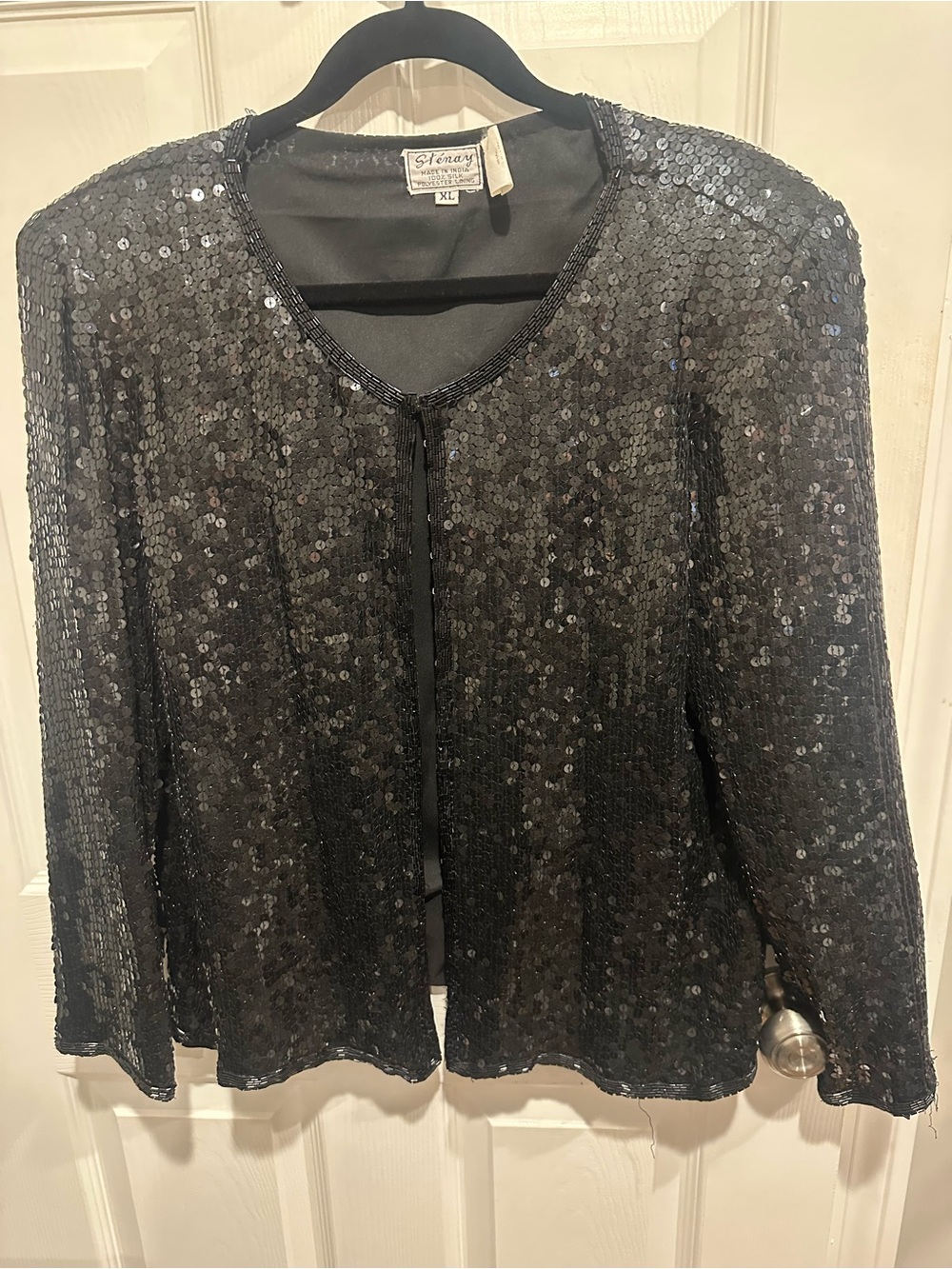 Stenay VTG Black Silk Sequin Beaded Evening Jacket Size XL hook eye closure